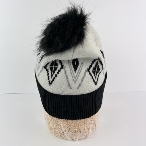 Tahari Women's Knit Ski Cap Geometric Design Fluffy Tassel - Picture 3 of 5